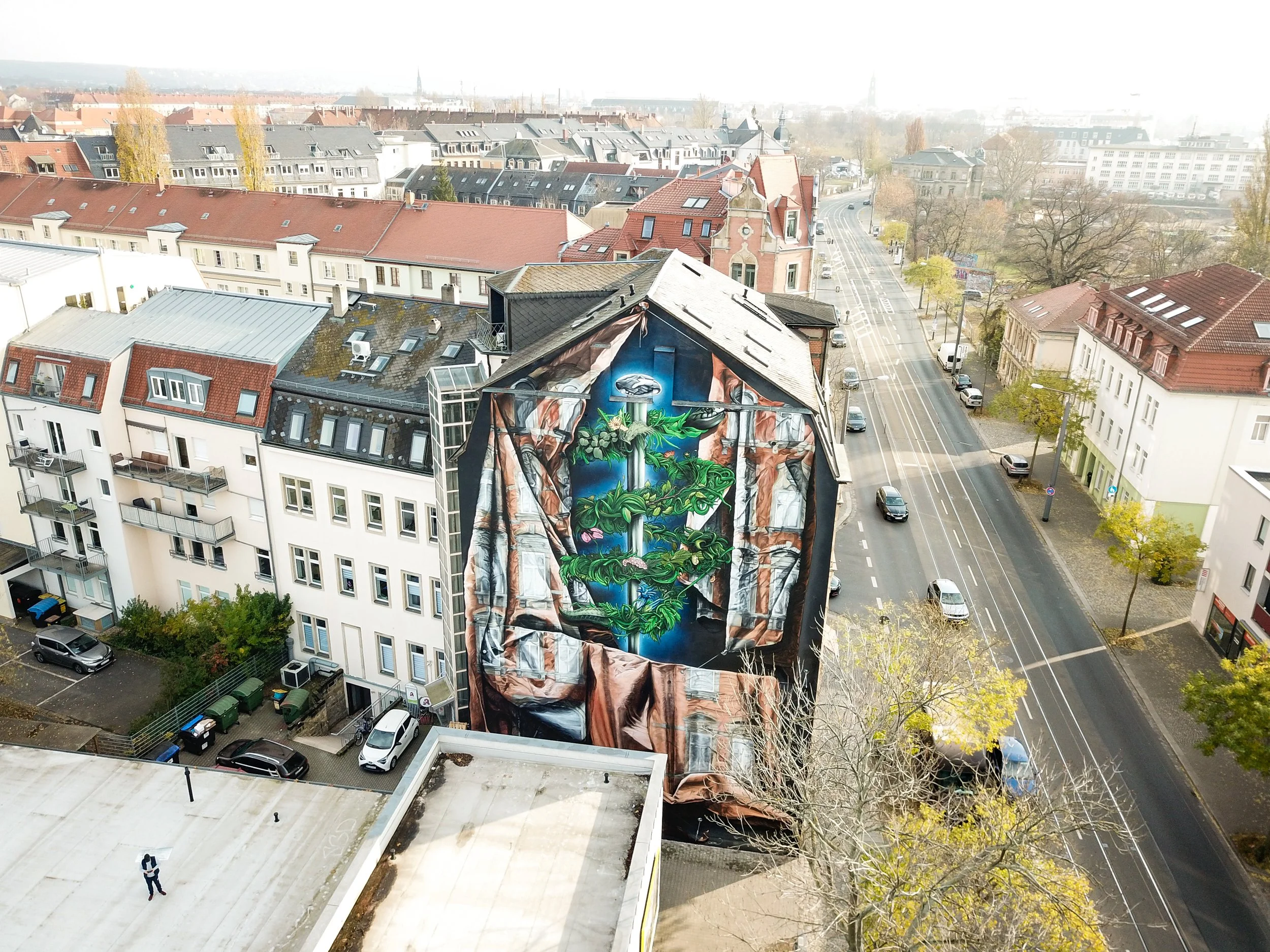 Hochgeschossaufnahme einer Stadt mit mehreren Gebäuden und einer Straße. Das auffälligste Gebäude hat eine große Wandmalerei, die einen See mit Wasserpflanzen und einem Wasserfall zeigt.