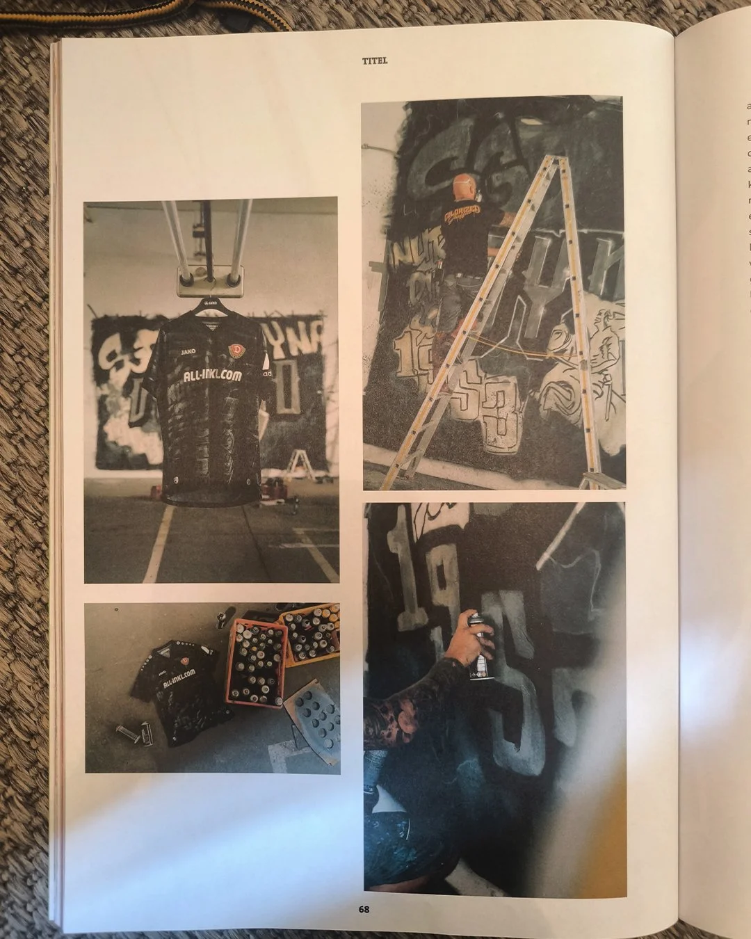 Fotos einer Graffiti-Kunstwerk-Erstellung. Die Bilder zeigen einen schwarzen Fußballtrikot, Spraydosen, und einen Künstler, der an einem Graffiti auf einer Wand arbeitet.