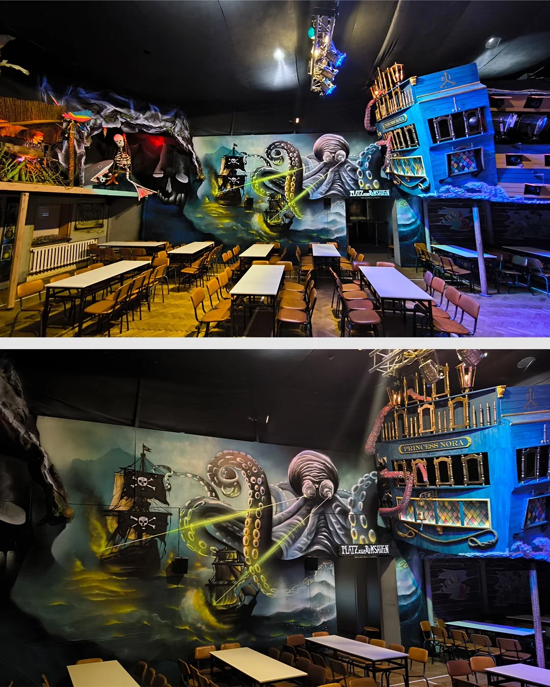 Piraten- und Ozeanquallen-Malerei mit Piratenschiff, Oktopus und blauem Schiff genannt Prinzess Nora in einem Veranstaltungsraum mit Tischen und Stühlen.