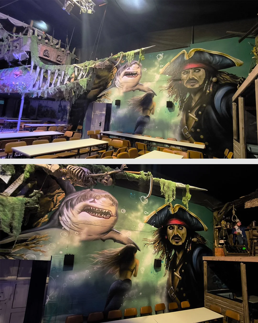 Thema Pirat mit Blick auf Hai- und Piratenwandmalerei in einer theatralischen Atmosphäre.