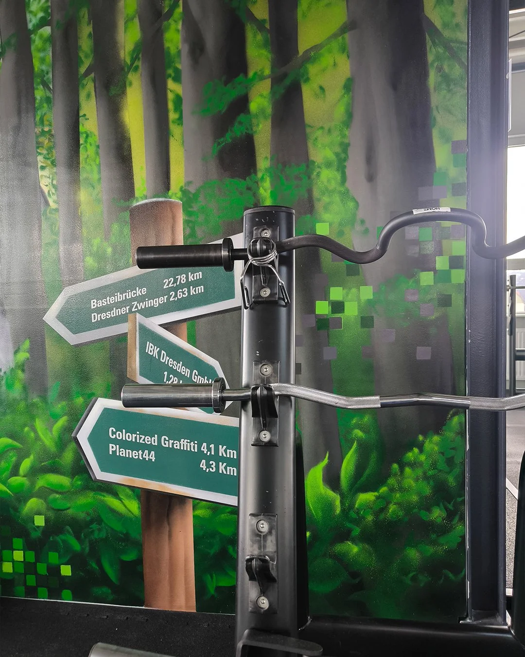 Wegweiser in einem Fitnessstudio mit Richtungen zu verschiedenen Orten in Dresden, mit einem Hintergrundbild eines Waldes.