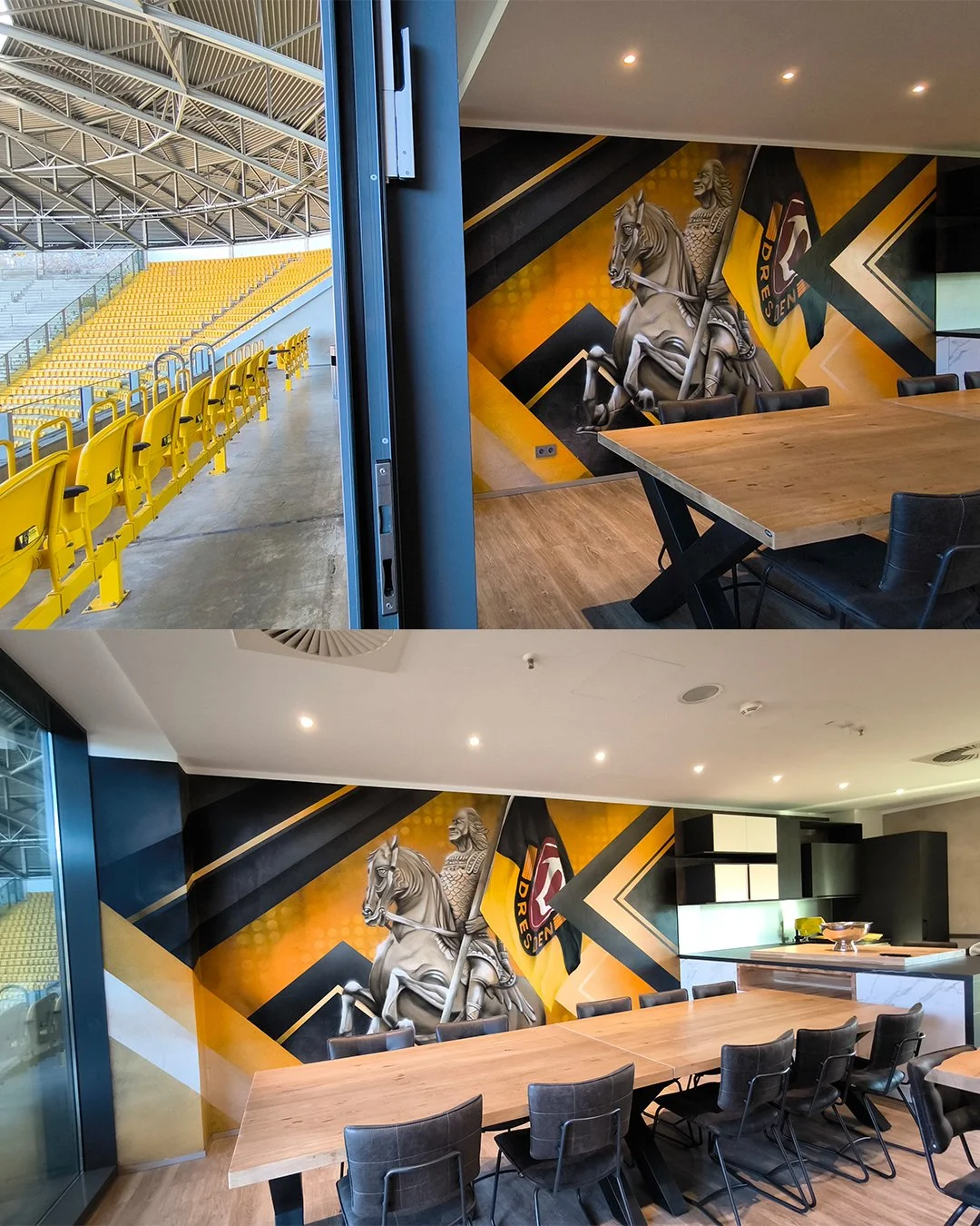 Ein Harz mit gelben Sitzplätzen in einem Stadion und ein Speiseraum mit Wandkunst eines Ritters auf einem Pferd, das eine Flagge hält, und das Wort 'Dresen'.