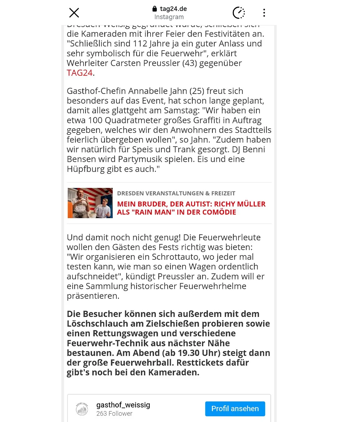 Artikel über Feuerwehrfest in Dresden, inklusive Programmpunkten wie Graffiti, Musik, Feuerwehrauto-Ausstellung und Mitmachaktionen für Besucher.