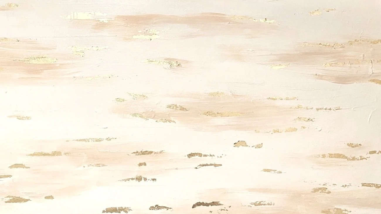 Abstract painting with beige and gold brushstrokes on a light background.