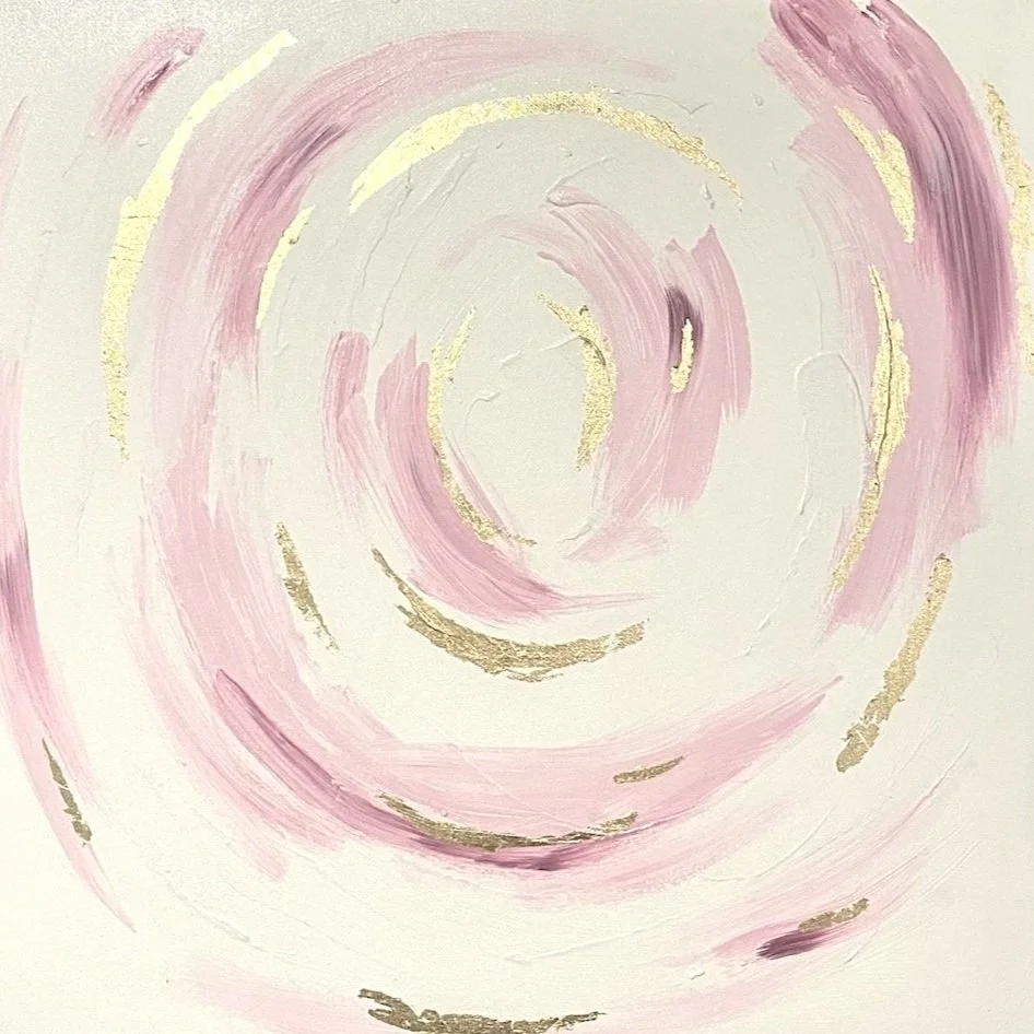 Abstract painting with pink and gold brush strokes on a light background.