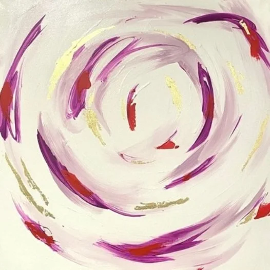 Abstract painting with swirling brushstrokes in purple, red, and gold on a white background.