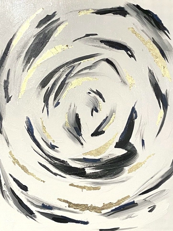 Abstract painting with swirling black, white, and gold brushstrokes.