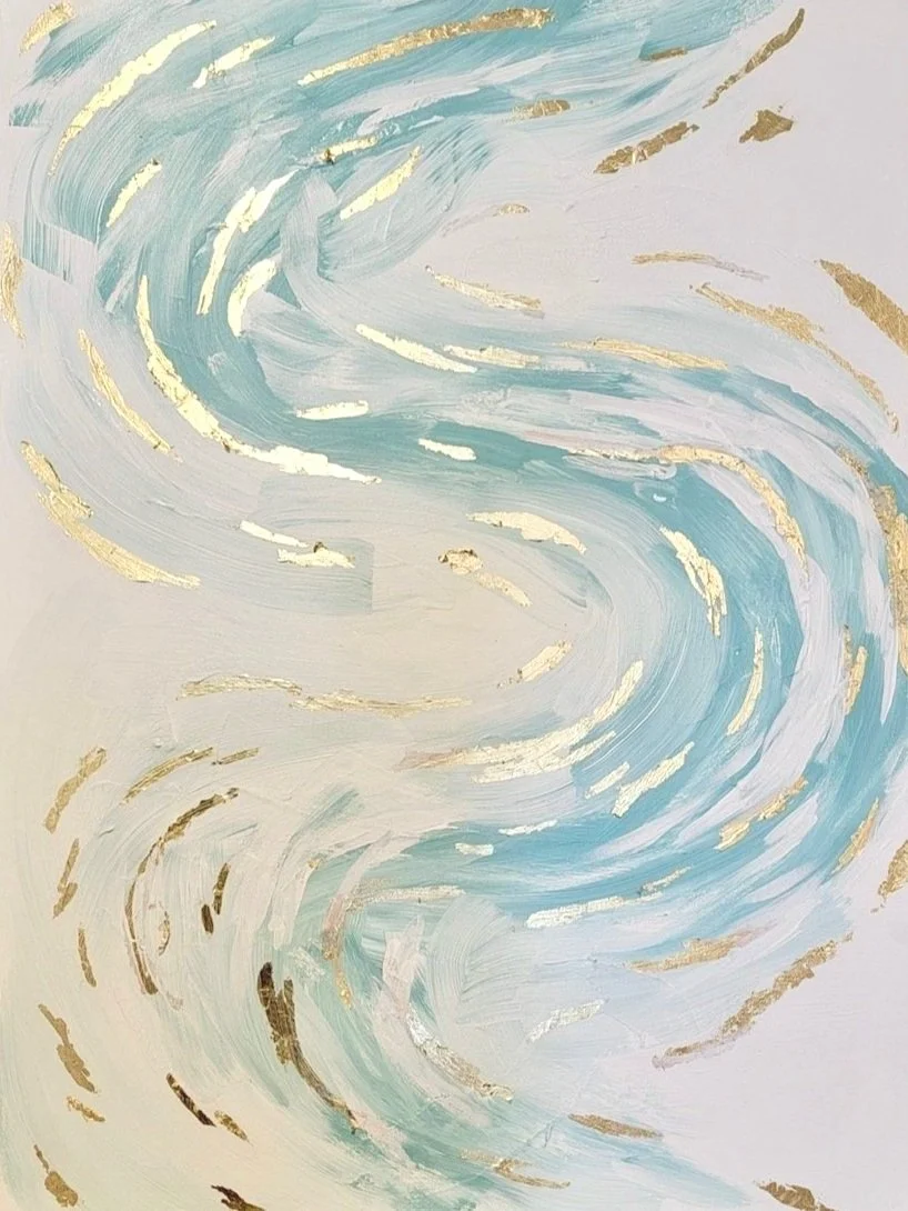 Abstract painting with blue and gold swirling brushstrokes