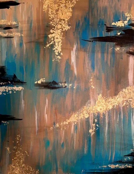 Abstract painting with blue, gold, and black brush strokes