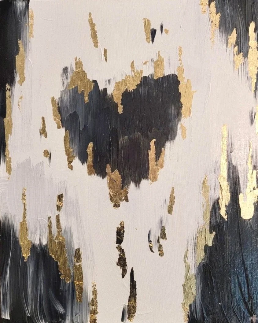Abstract painting with black, white, and gold brushstrokes.