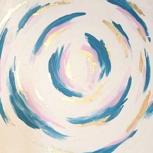 Abstract painting with swirling blue, pink, and gold brushstrokes on a white background.
