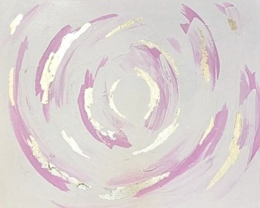 Abstract painting with swirling pink, white, and gold brushstrokes on a light background
