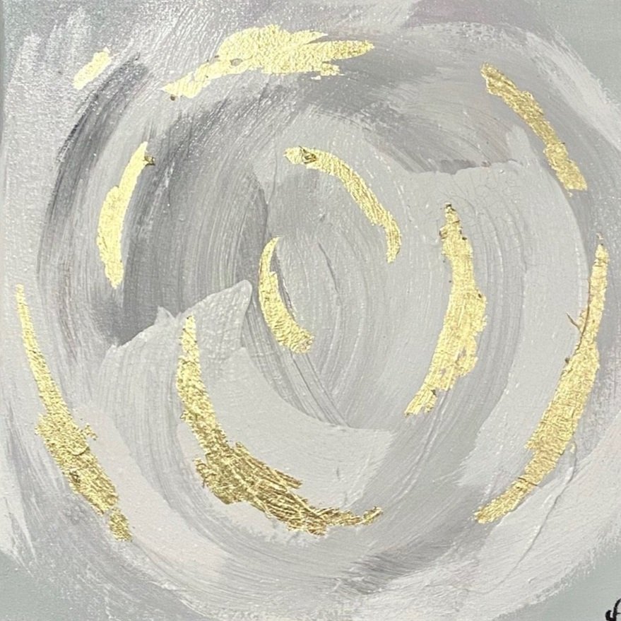 Abstract painting with gray swirls and gold accents