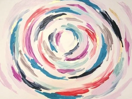 Abstract swirl painting with vibrant colors including red, blue, black, pink, and purple on a white background.