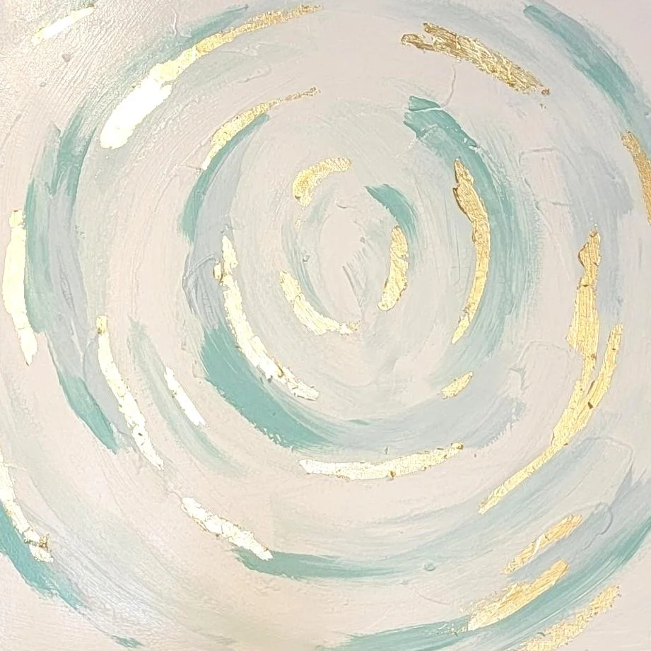 Abstract circular painting in mint green, white, and gold