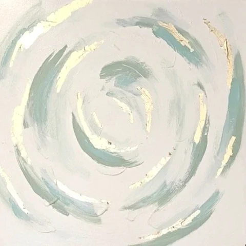 Abstract painting with swirling pastel blue and white brushstrokes with hints of gold on a light background.