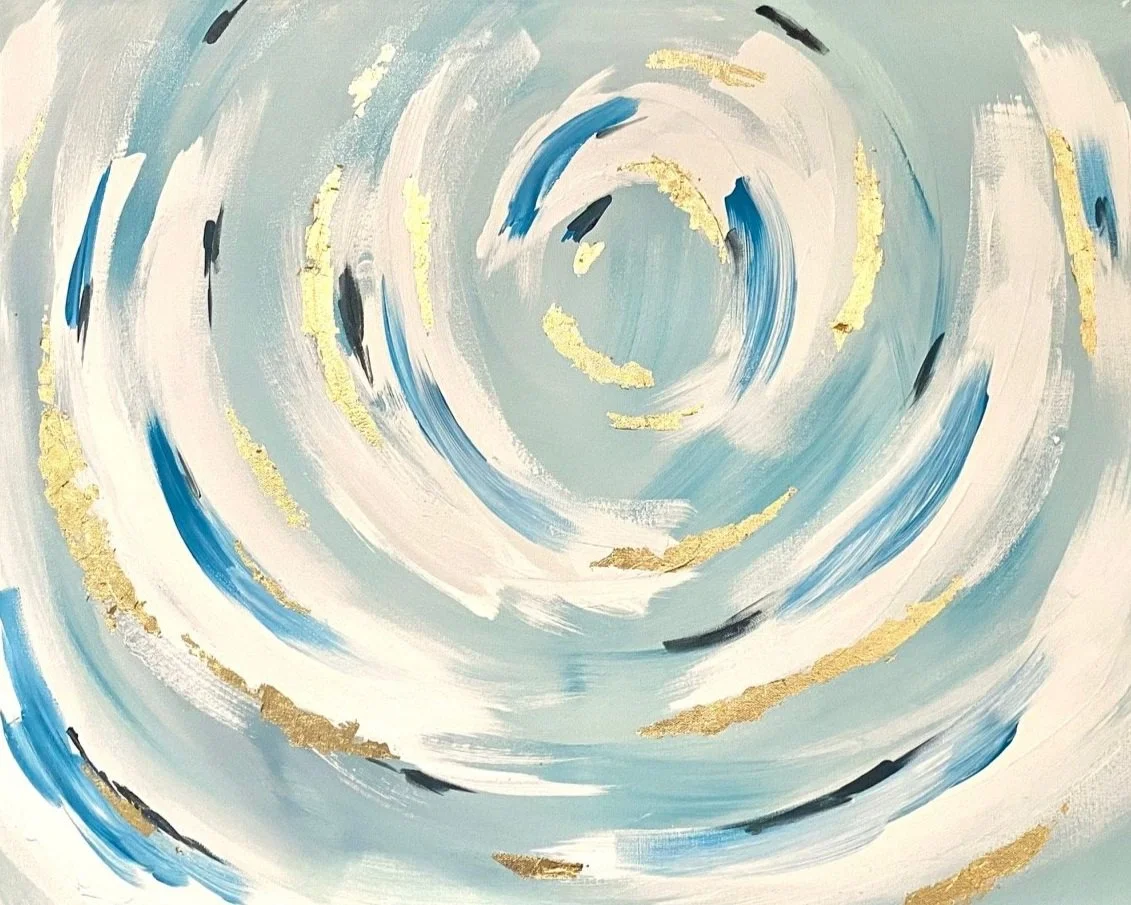 Abstract painting with swirling blue and white brushstrokes accented by gold and black streaks