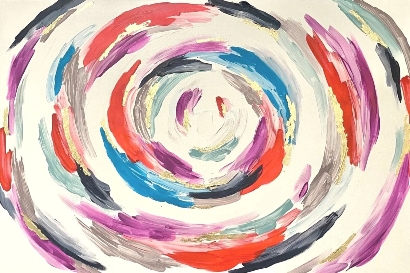Abstract painting with colorful spiral brushstrokes in red, blue, purple, and gold on a light background.