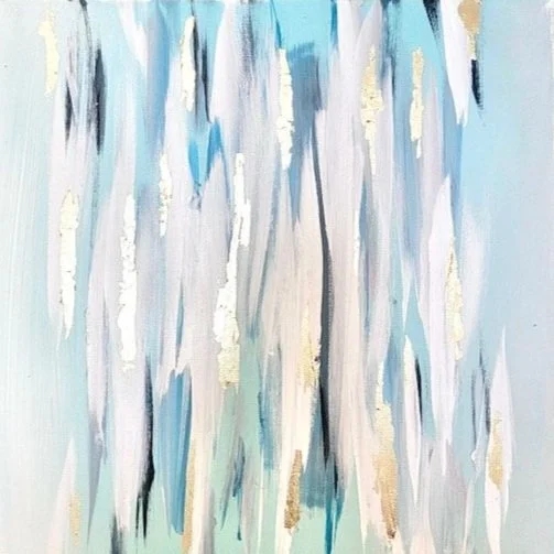 Abstract painting with blue, white, and gold vertical brushstrokes