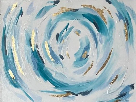 Abstract painting with swirling blue and gold brushstrokes on white background