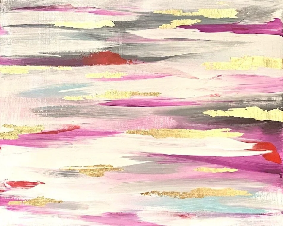 Abstract painting with pink, gold, gray, and white brushstrokes.