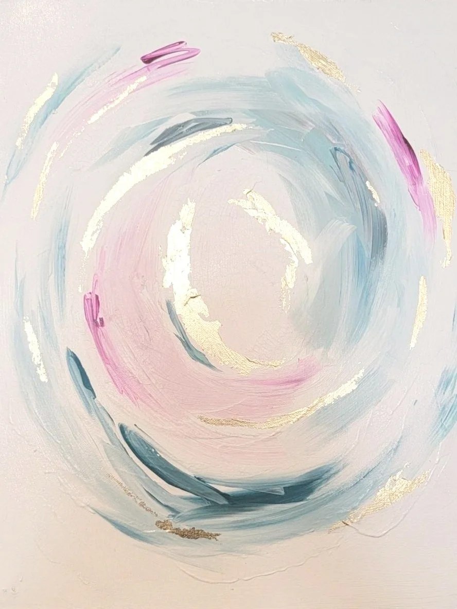 Abstract painting with swirling pastel colors and gold accents.