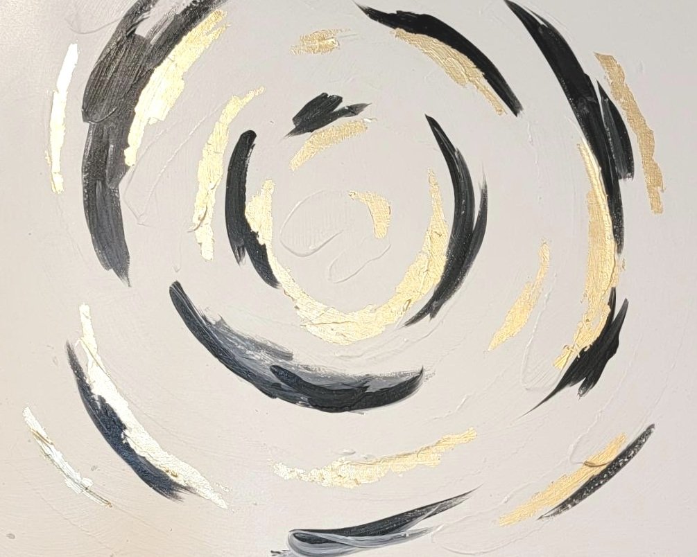 Abstract painting with swirling black, white, and gold brushstrokes on a light background.