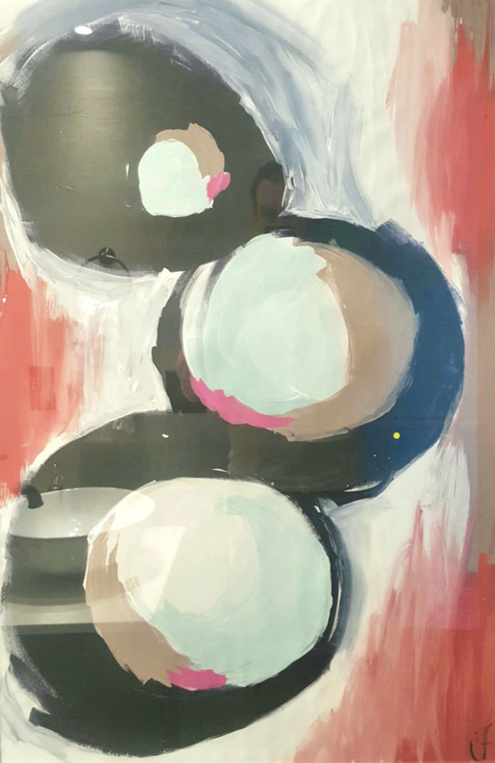 Abstract painting with three large circular shapes, featuring black, white, beige, and pink hues on a textured background.