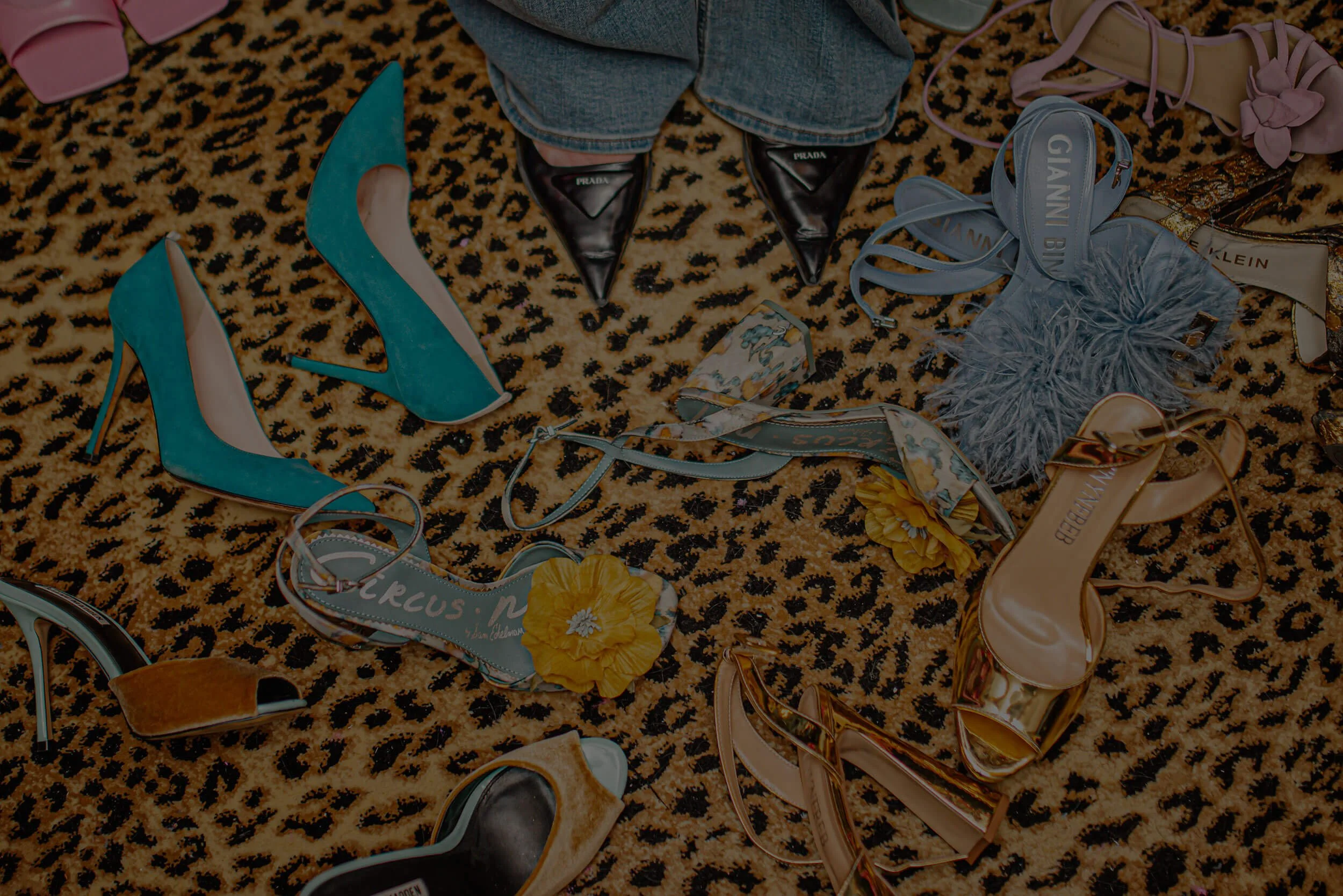 Various high-heeled shoes scattered on a leopard print carpet, with some shoes' brands visible such as Prada, GIANNI BIN, and KENZO. Shoes include teal satin pumps, metallic gold sandals, beige and black velvet heels, and floral sandals. There is a person standing at the top center wearing jeans and black Prada shoes.