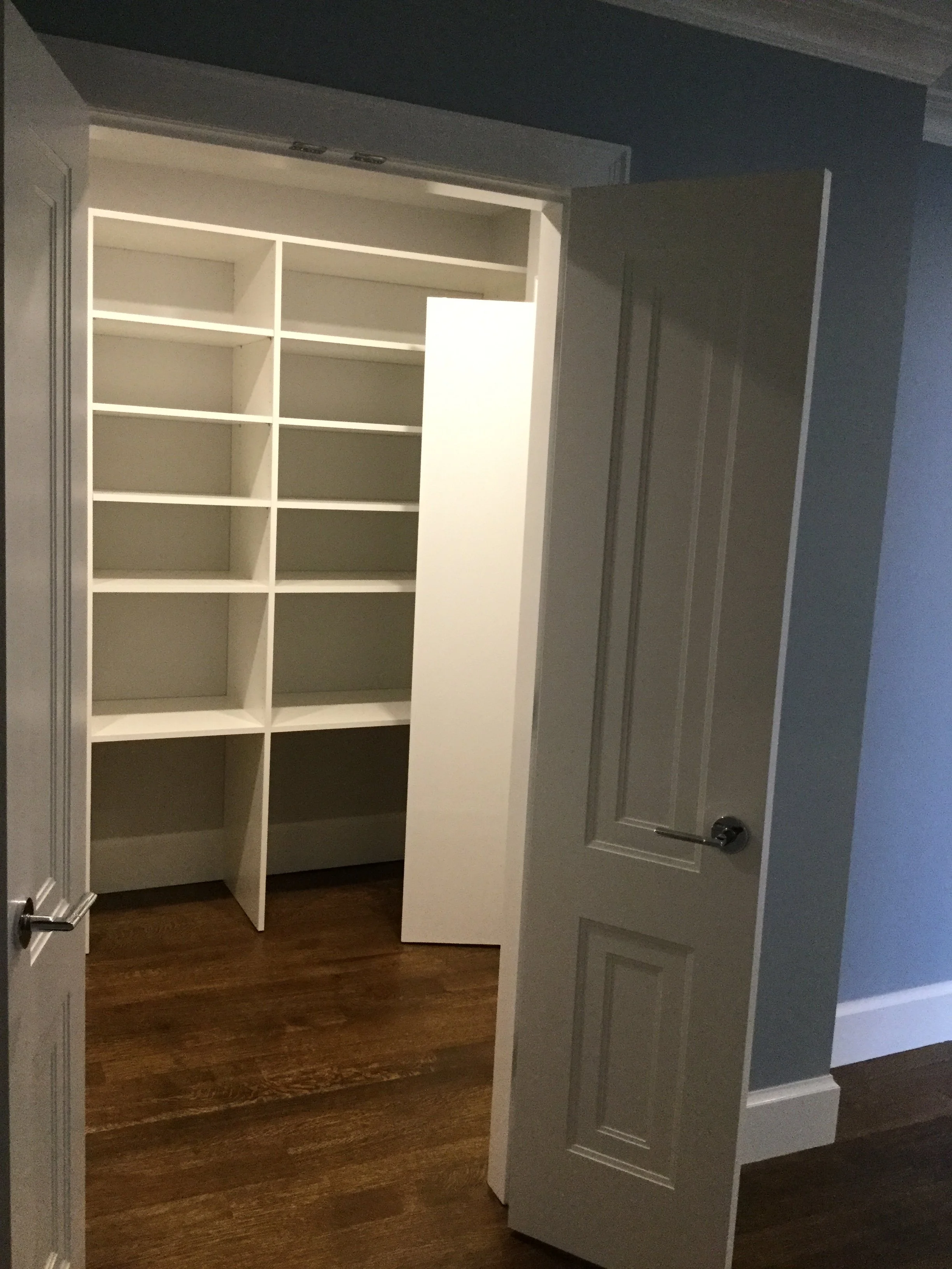 Empty white closet with shelves and a door, located in a room with blue walls and dark hardwood flooring.