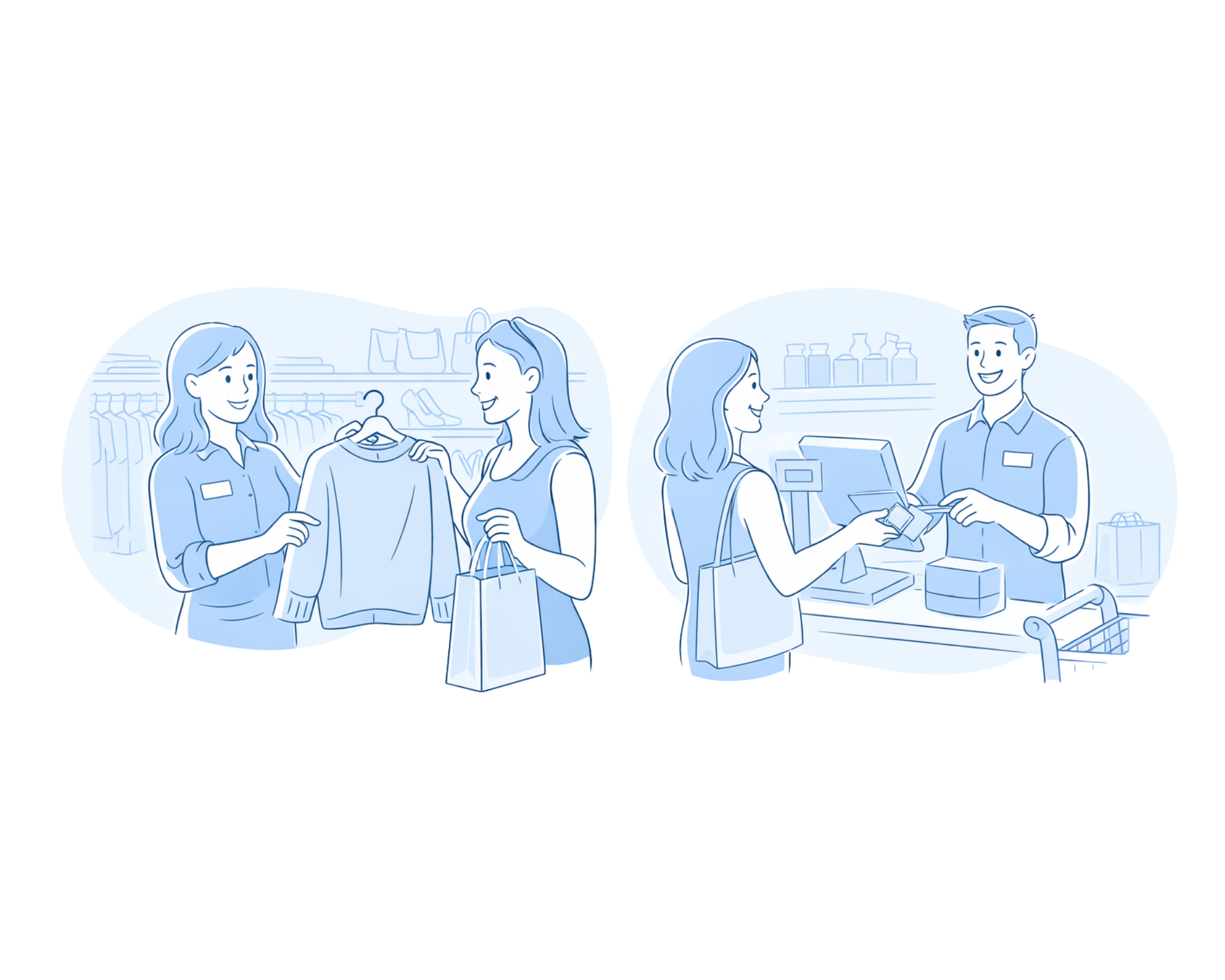 A line drawing of a woman shopping for clothes and paying at a checkout counter in a retail store.