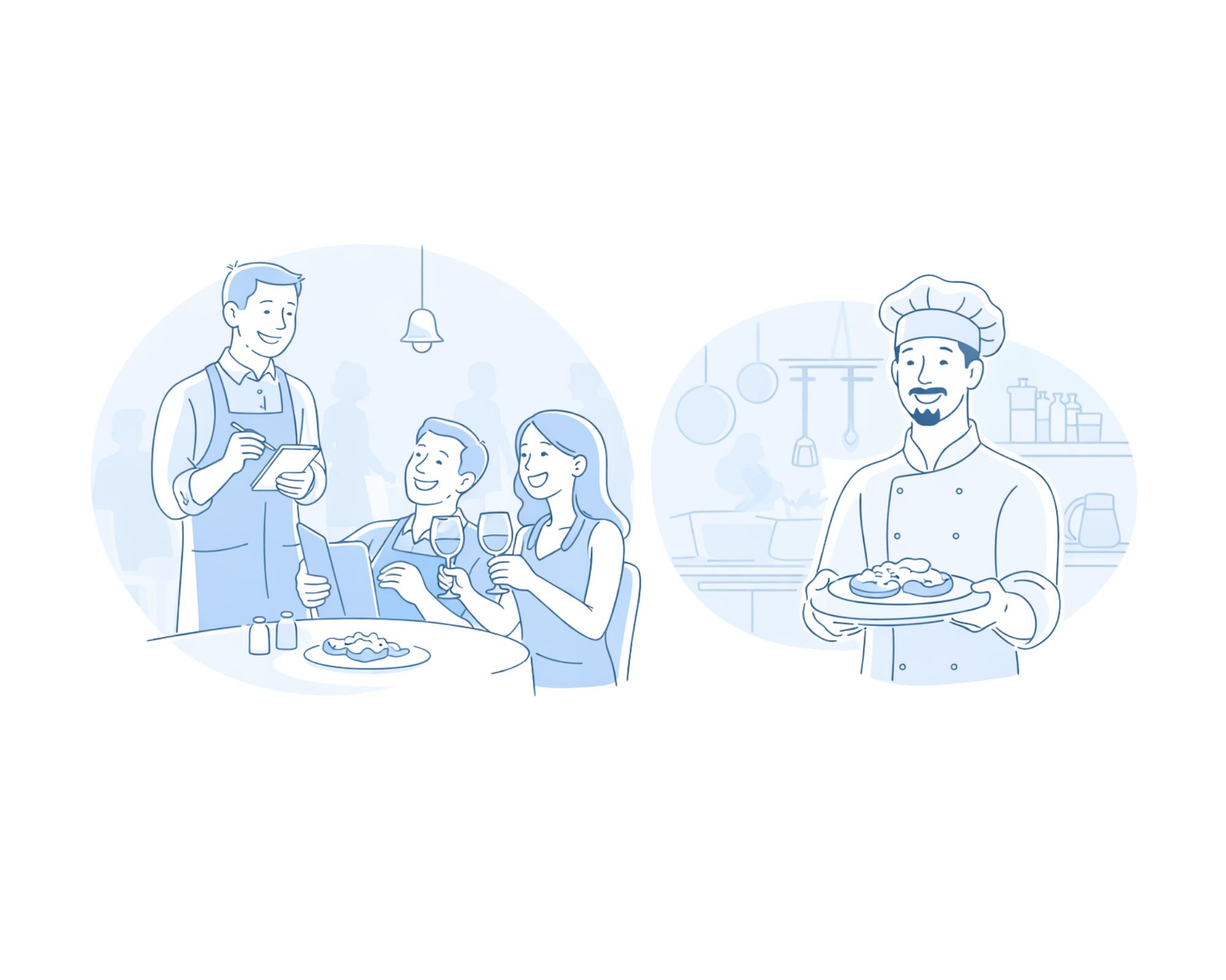 Line drawing of people in a restaurant, one chef holding a dish, two dining guests with drinks, and a waiter taking notes.