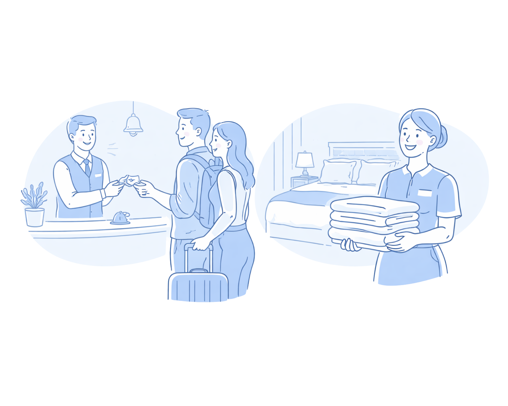 A hotel receptionist giving a key to a traveler with a backpack and suitcase, and a housekeeper holding folded linens in a hotel room.