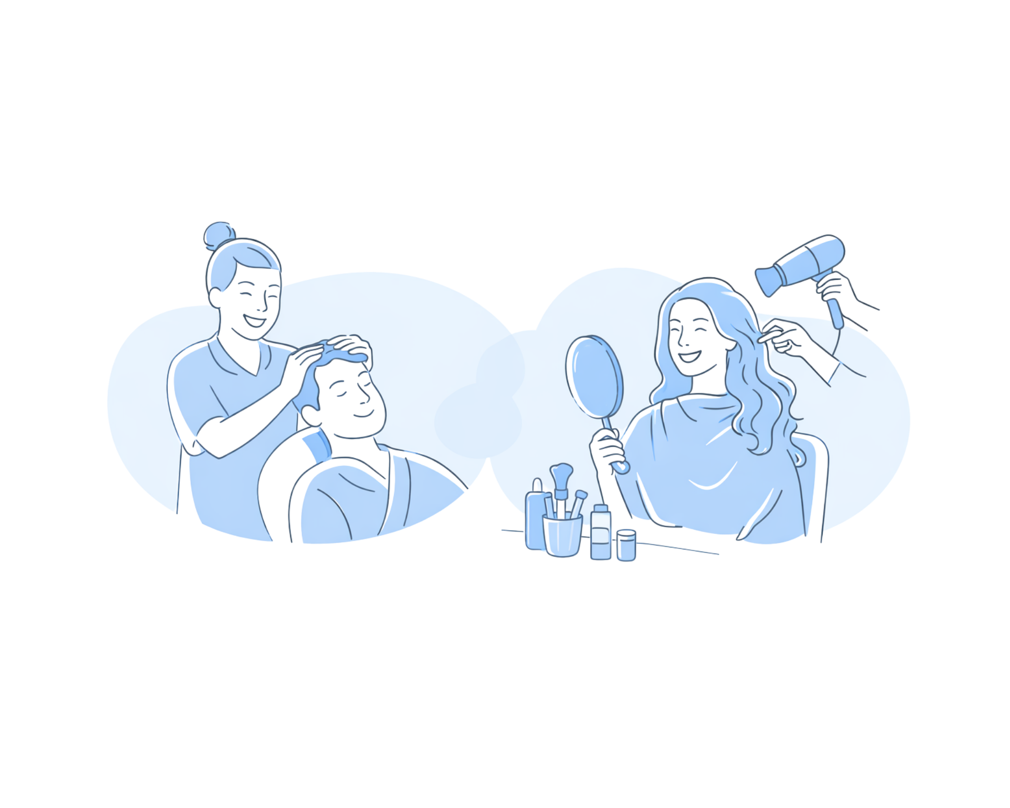 Two women are sitting at a beauty salon. One woman is having her hair styled while the other woman is looking at herself in a handheld mirror. A stylist is blow drying the first woman's hair and various hair styling tools are on the table.