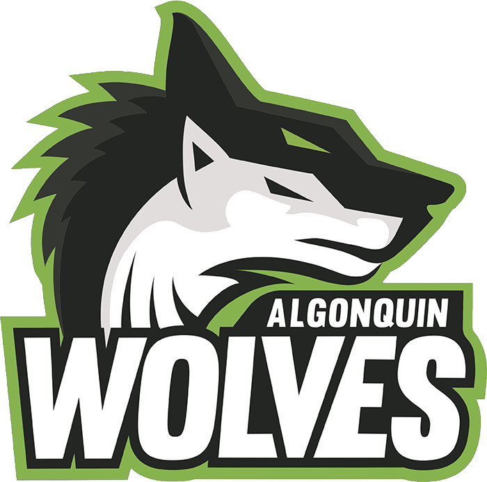 Logo of a wolf's head with black, white, and green colors, and the text 'Algonquin Wolves'