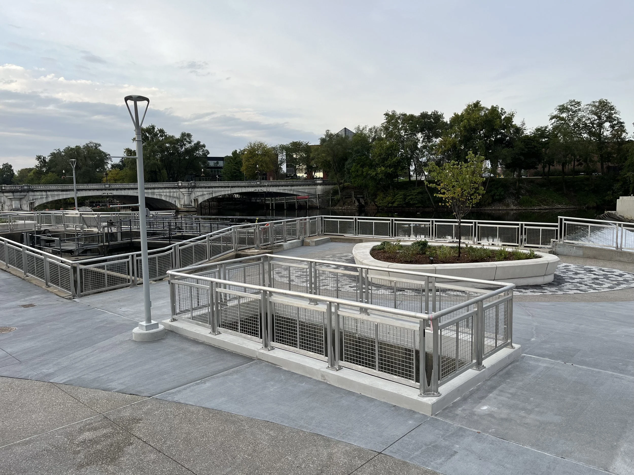 Aluminum Mesh Railing System at Seitz Park Riverwalk Overlooking St. Joseph River in South Bend, Indiana.