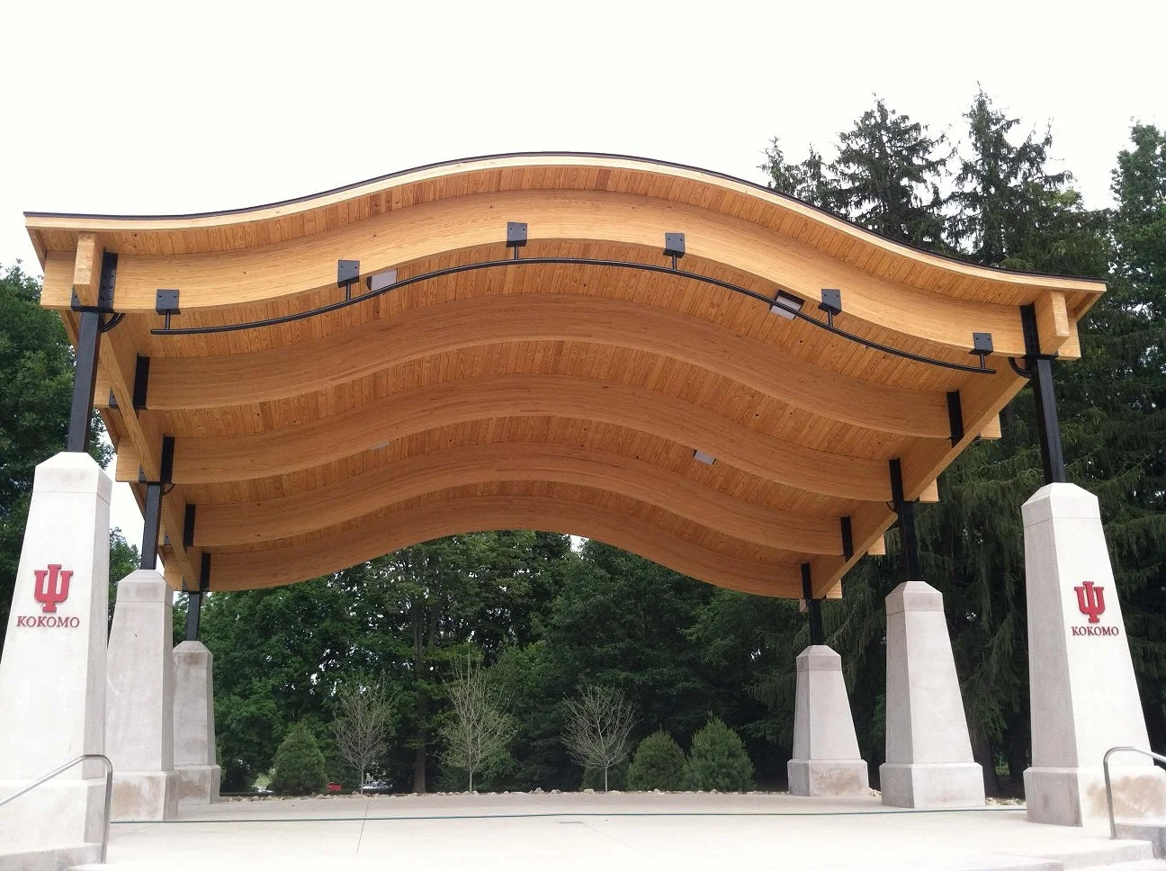 Custom Fabricated Steel Supports Integrated into an Outdoor Pavilion Structure at Indiana University Kokomo.