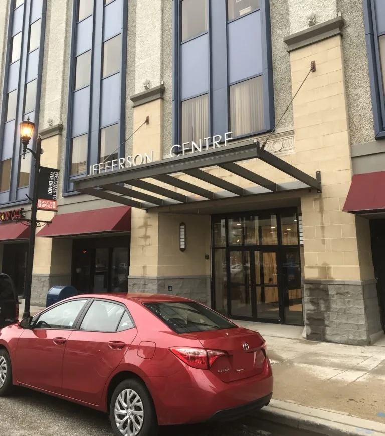Exterior view of the Jefferson Center building canopy.