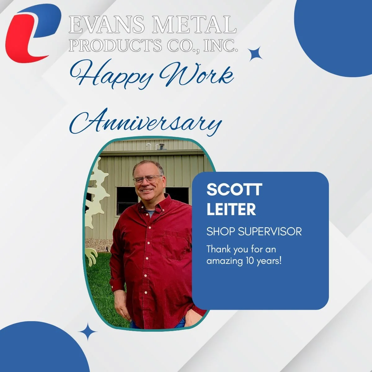 🎉 Happy September Work Anniversaries! 🎉

Today we&rsquo;re celebrating the dedication, hard work, and contributions that make our team stronger every day. 
Thank you for everything you guys do and for being an important part of the Evans Metal Prod