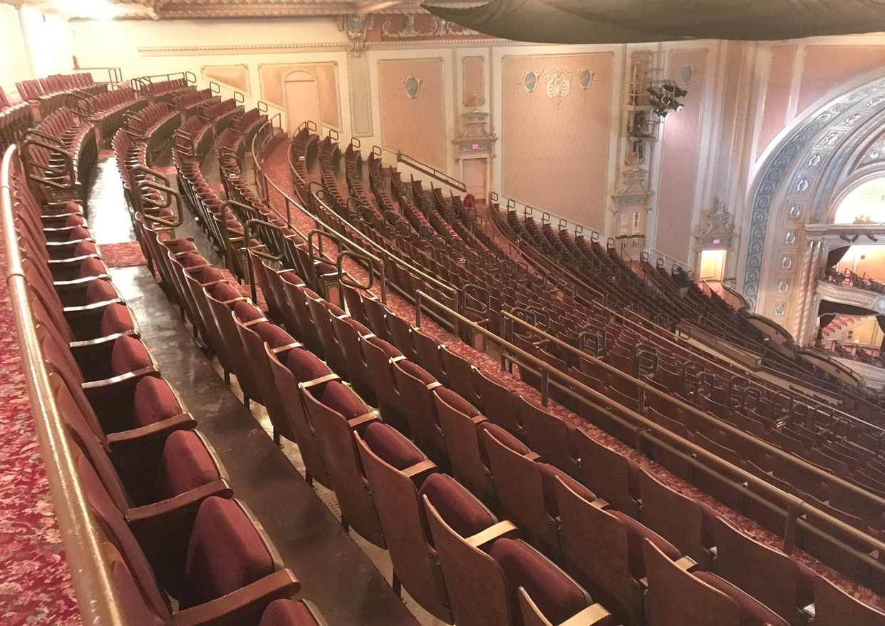 Custom curved balcony railings fabricated and installed to follow the existing seating layout at the Morris Performing Arts Center.
