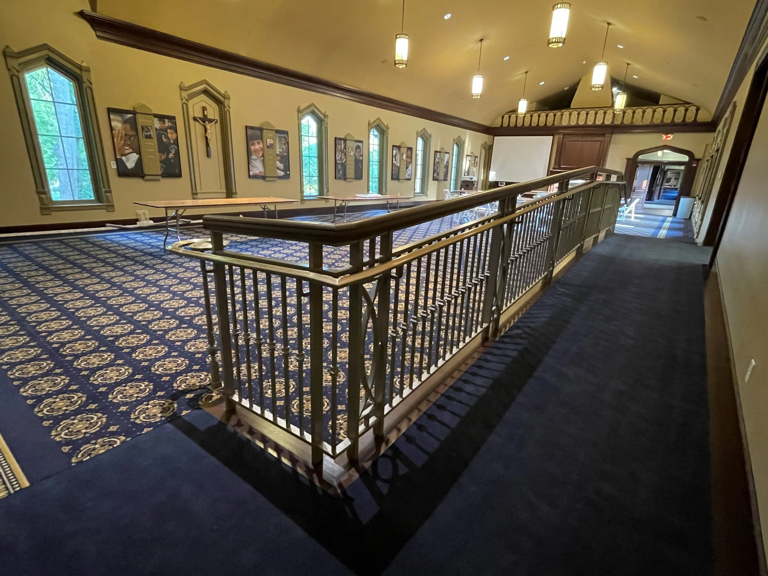 Architectural Metal Railing Integrated into Historic Interior Space at the University of Notre Dame.