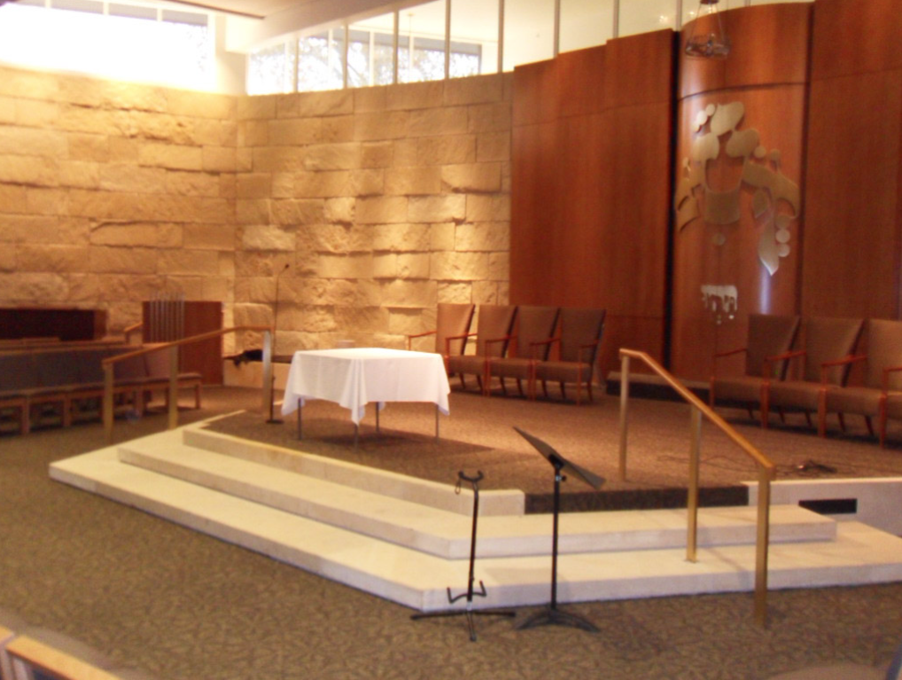 Custom Interior Metal handrails Integrated into the bimah platform at the Indianapolis Hebrew Congregation Sanctuary.