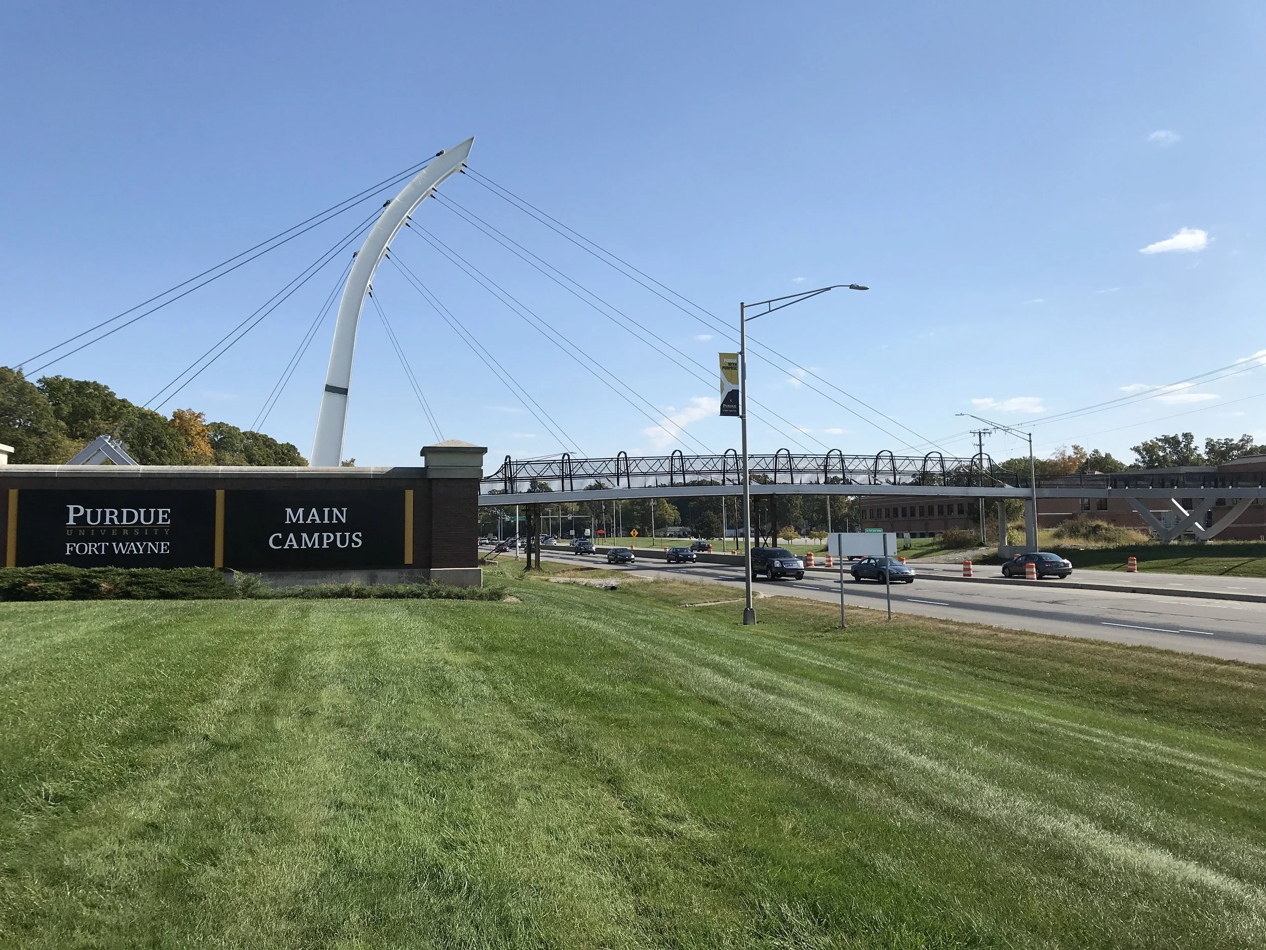 Pedestrian Bridge Connecting Purdue Fort Wayne and Ivy Tech Fort Wayne Featuring Custom Steel Guardrail Systems.