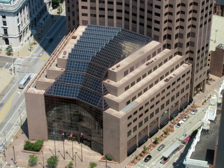 Exterior View Showing the Atrium's Integration Within the Downtown Building Complex.