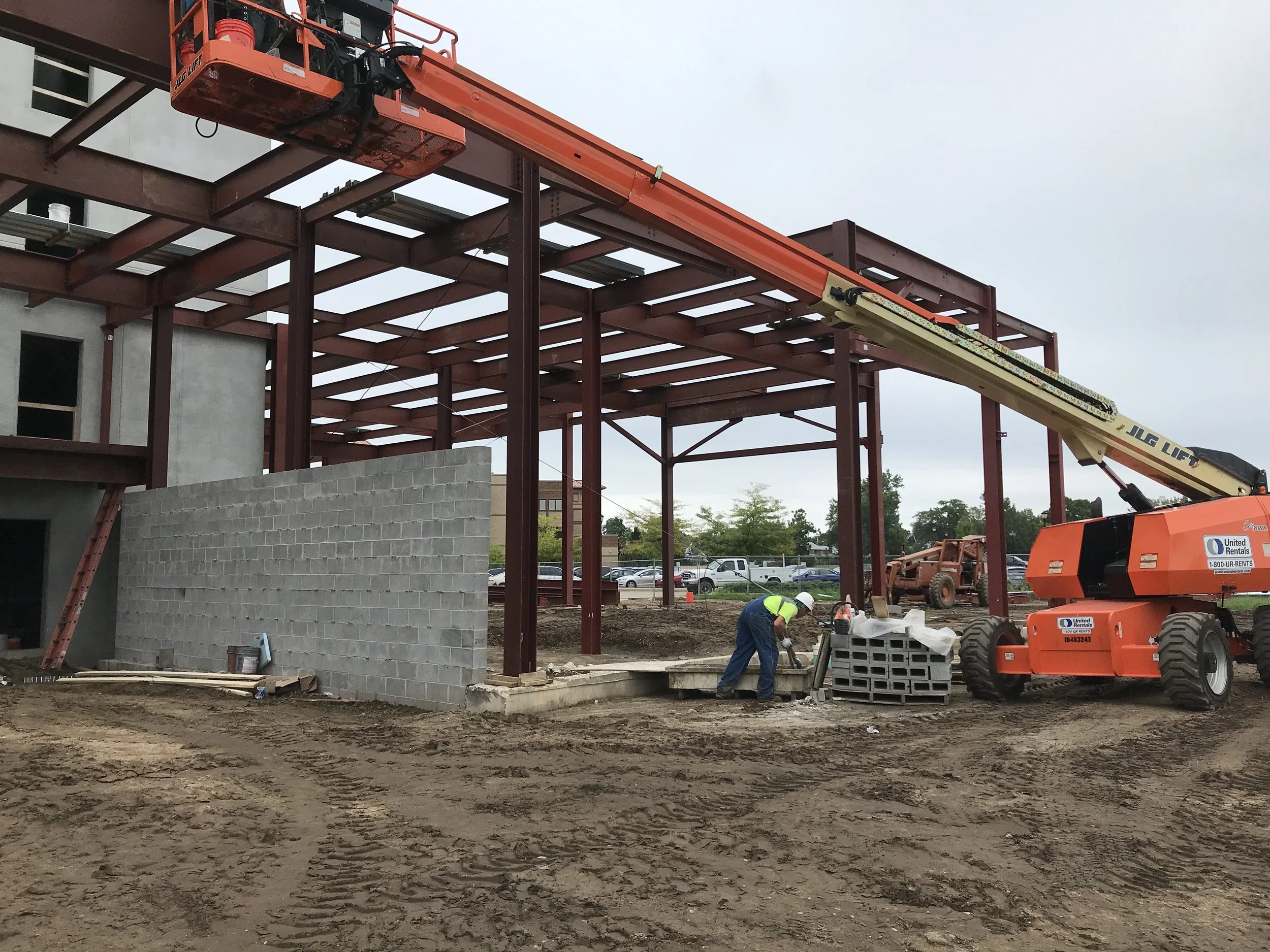 Structural steel frame under construction at commercial project site.