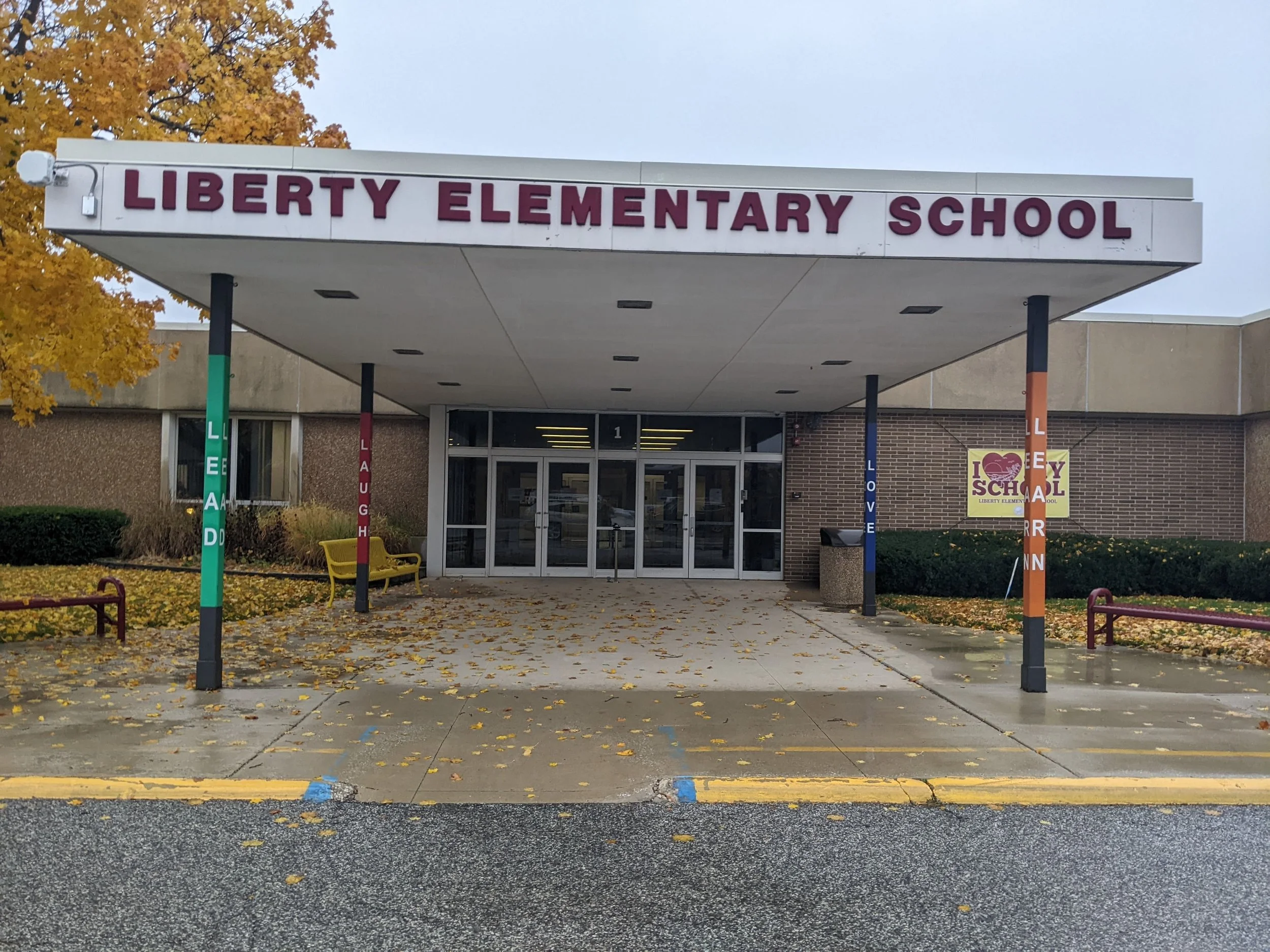 Custom Architectural Steel Columns Supporting the Main Entrance Canopy at Liberty Elementary School.