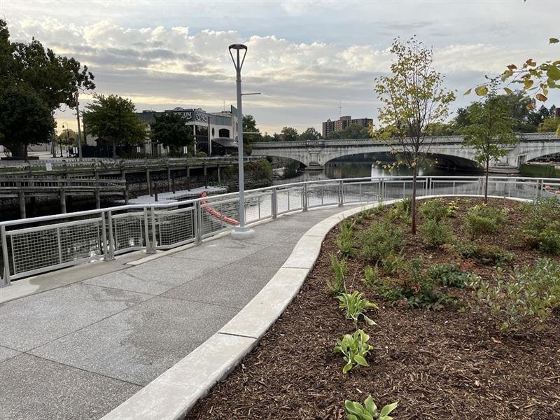 Exterior metal railing system fabricated for the Mishawaka Riverwalk.