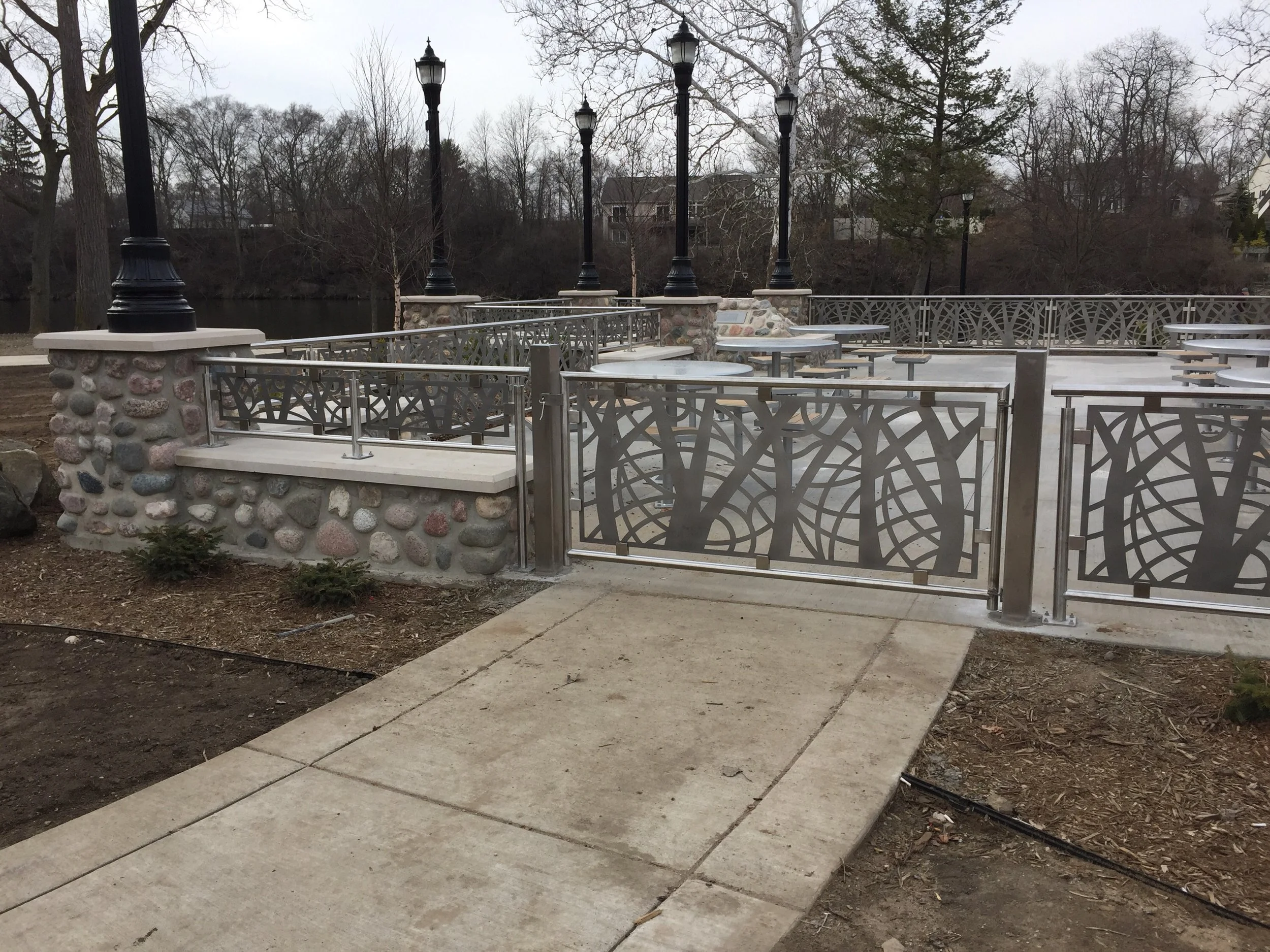 Decorative Steel Railing Panels Fabricated for Park Entry and Gathering Space.