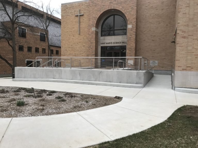 Exterior Accessibility Ramp and Guardrail System Fabricated for Saint Mary's College Science Hall.