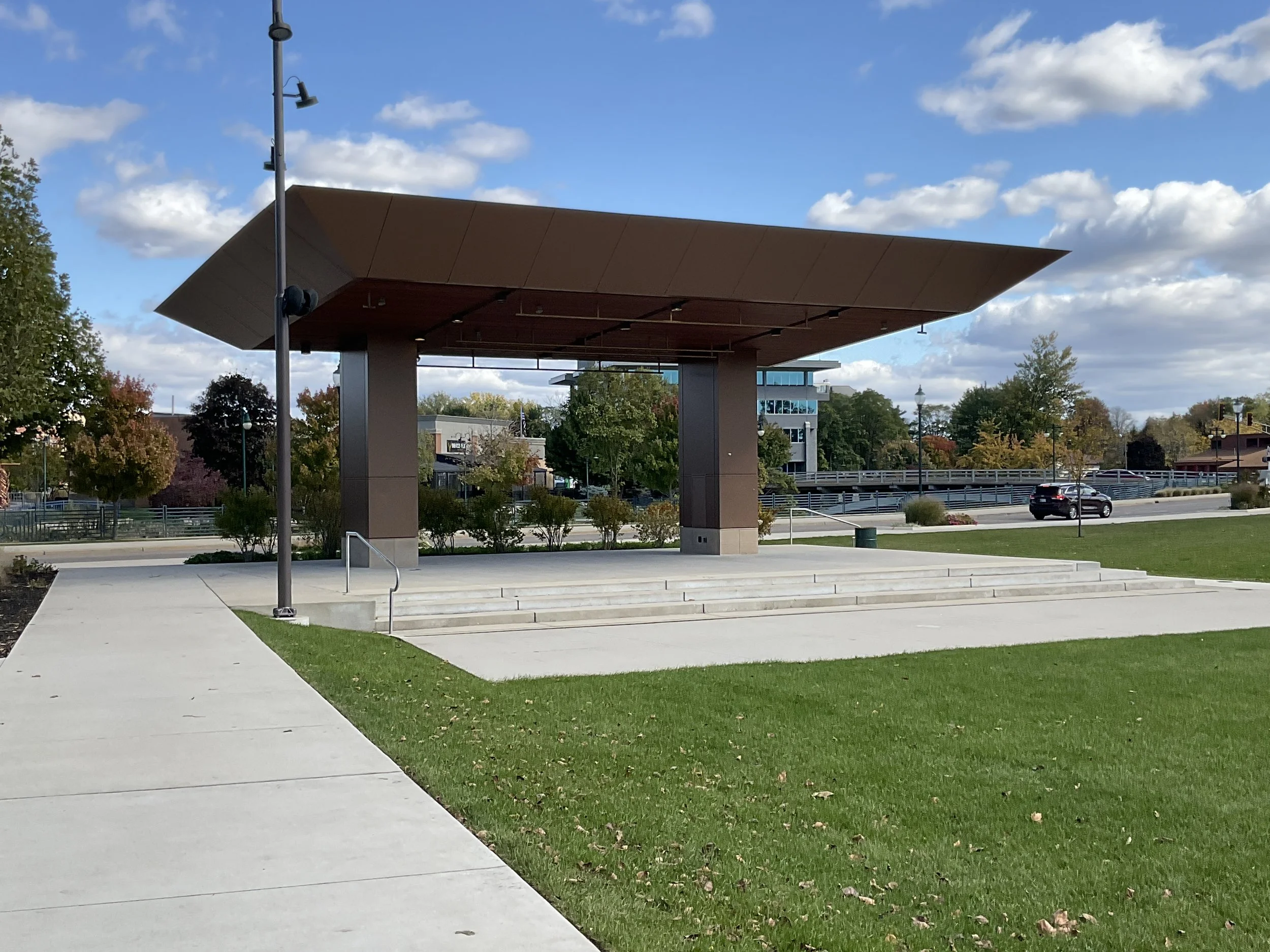 Structural steel canopy and stage elements fabricated for the Downtown Elkhart Bandshell.